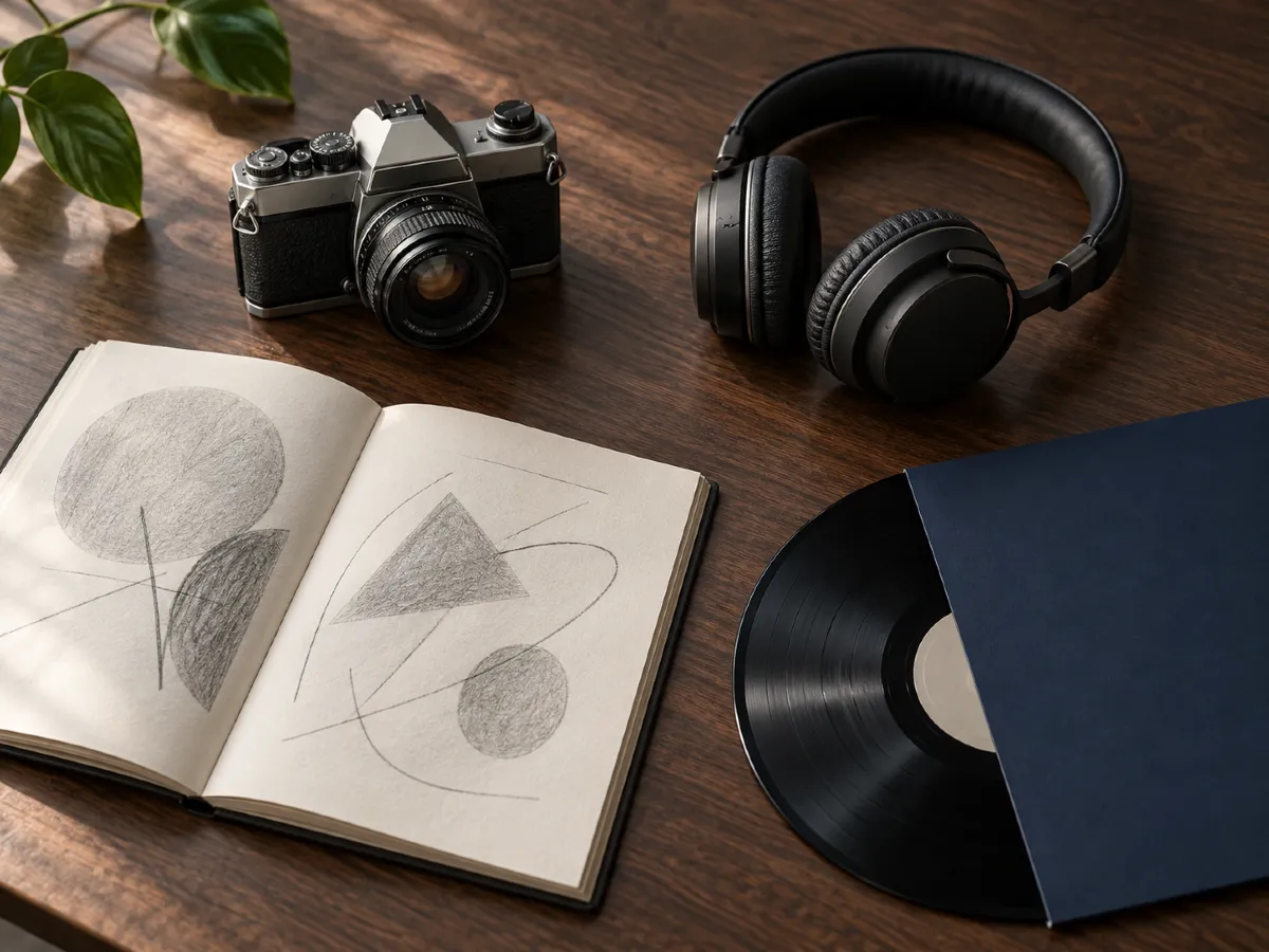 Camera, sketchbook and vinyl record on a desk, representing copyright protection in Thailand.