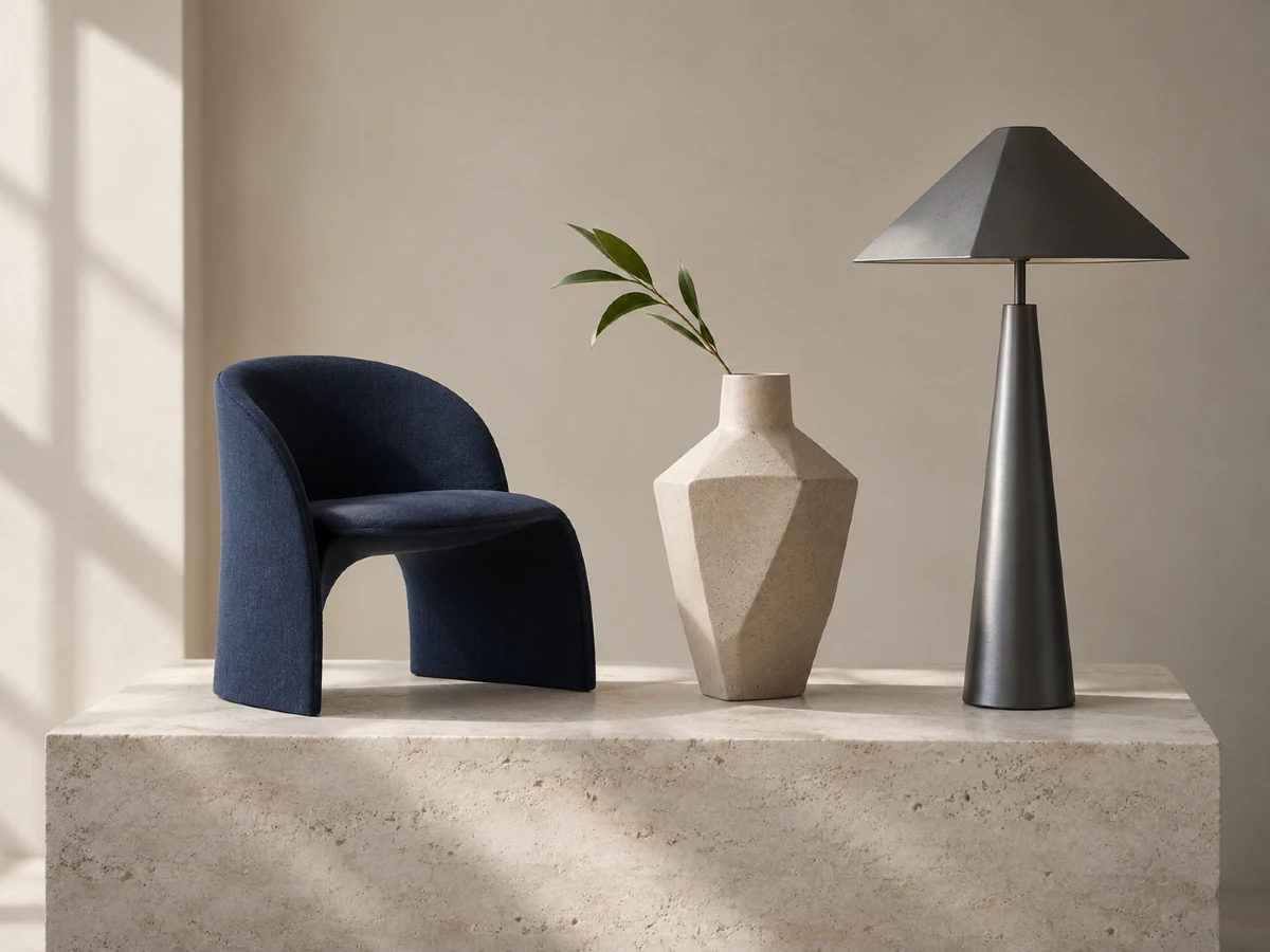 Sculptural chair, ceramic vessel and lamp with distinctive shapes, representing design patent registration in Thailand.