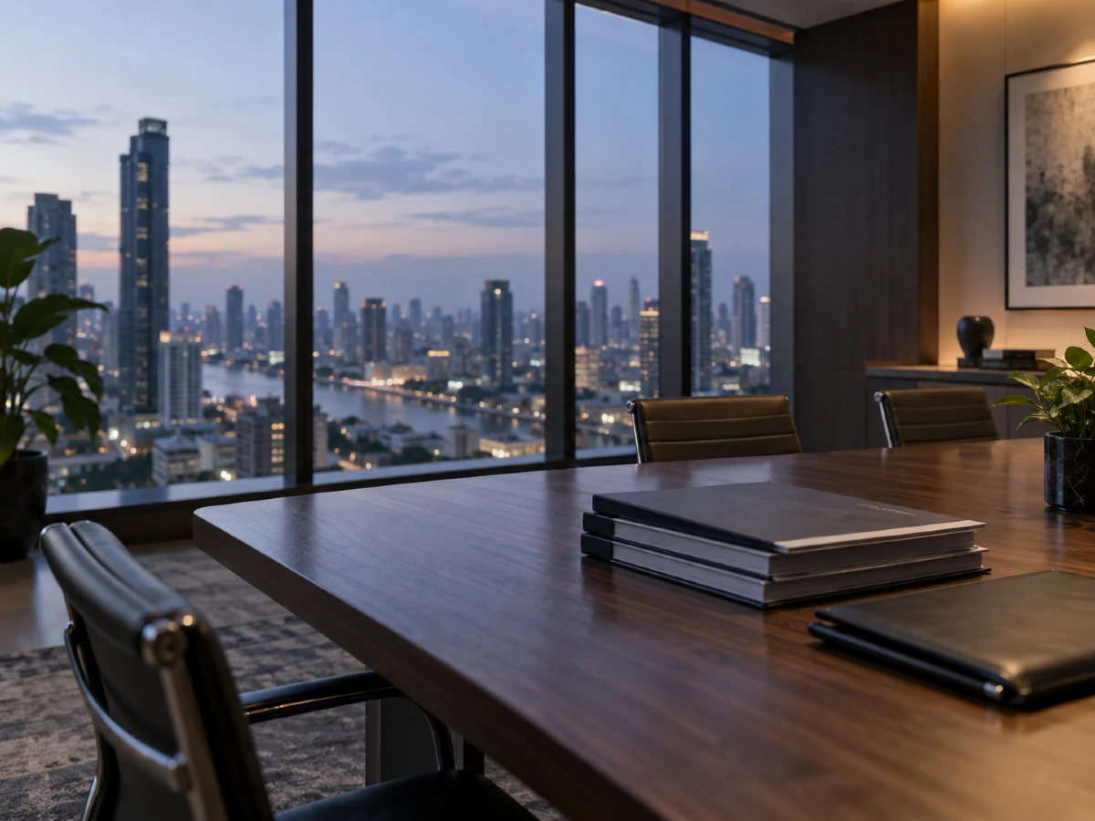 Bangkok skyline viewed from a modern meeting room, illustrating intellectual property services in Thailand