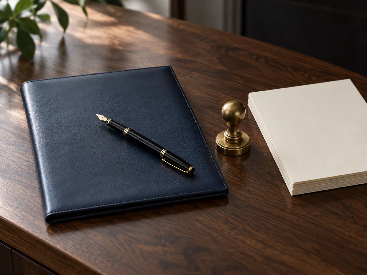 Bound agreement, fountain pen and embossing seal on a desk, representing IP licensing in Thailand.