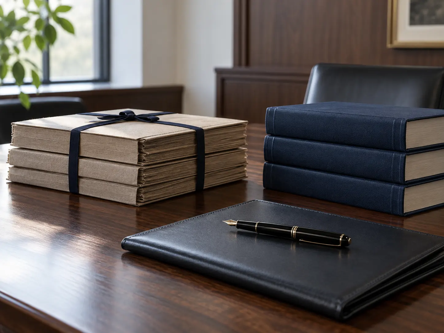Bound case files and law reports on a conference table, representing IP litigation in Thailand.