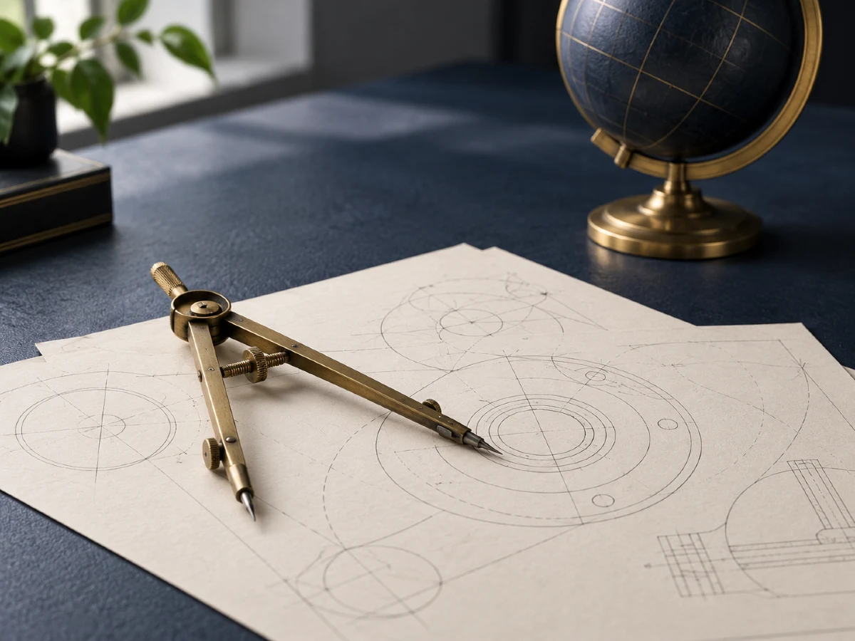 Drafting compass and technical drawings beside a desk globe, representing PCT national phase entry in Thailand.